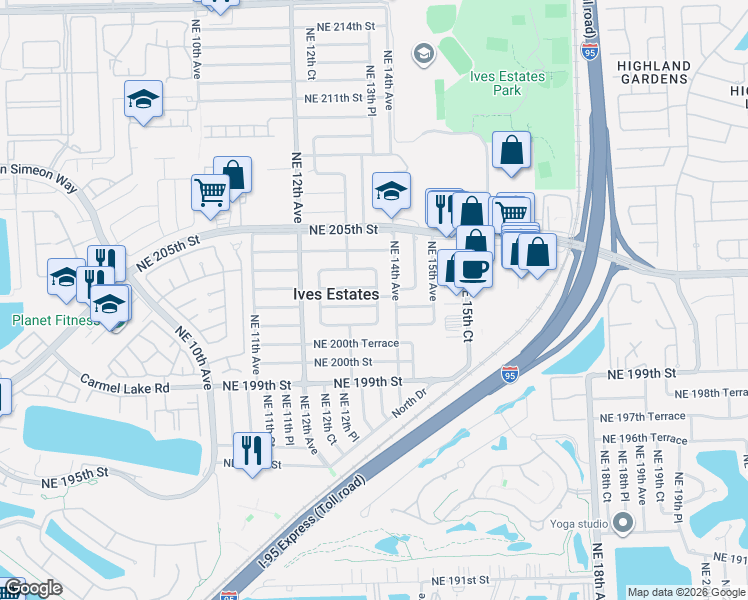 map of restaurants, bars, coffee shops, grocery stores, and more near 1345 Northeast 202nd Street in Miami