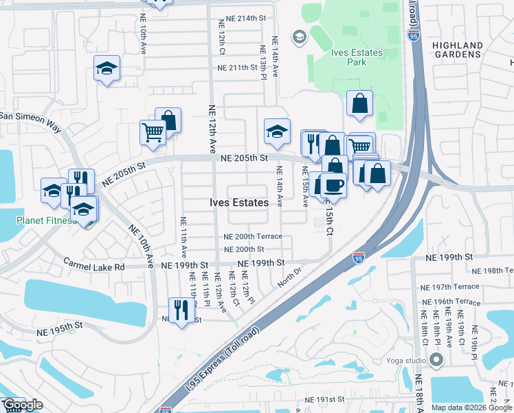 map of restaurants, bars, coffee shops, grocery stores, and more near 1345 Northeast 202nd Street in Miami