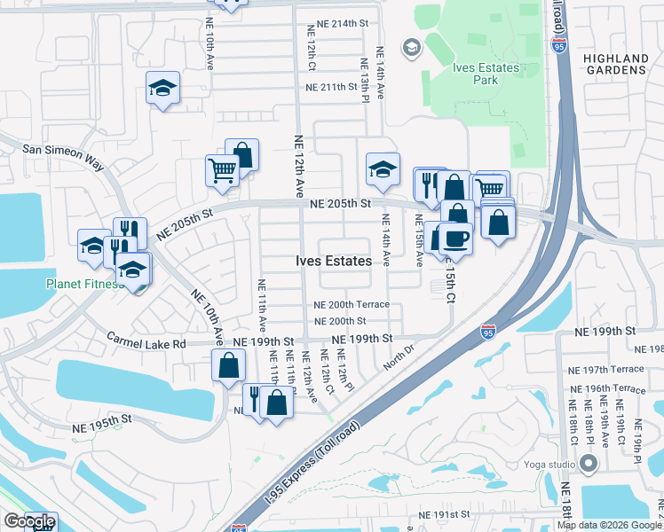 map of restaurants, bars, coffee shops, grocery stores, and more near in Ives Estates