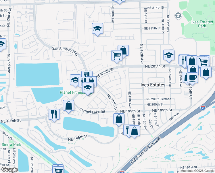 map of restaurants, bars, coffee shops, grocery stores, and more near 20346 Northeast 10th Court Road in Miami