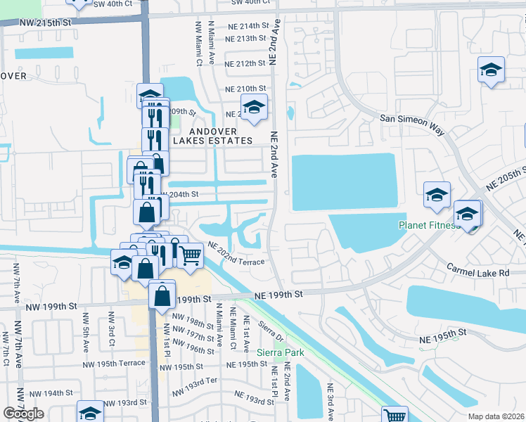 map of restaurants, bars, coffee shops, grocery stores, and more near 175 Northeast 203rd Terrace in Miami Gardens