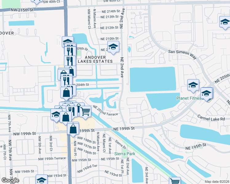 map of restaurants, bars, coffee shops, grocery stores, and more near 175 Northeast 203rd Terrace in Miami Gardens