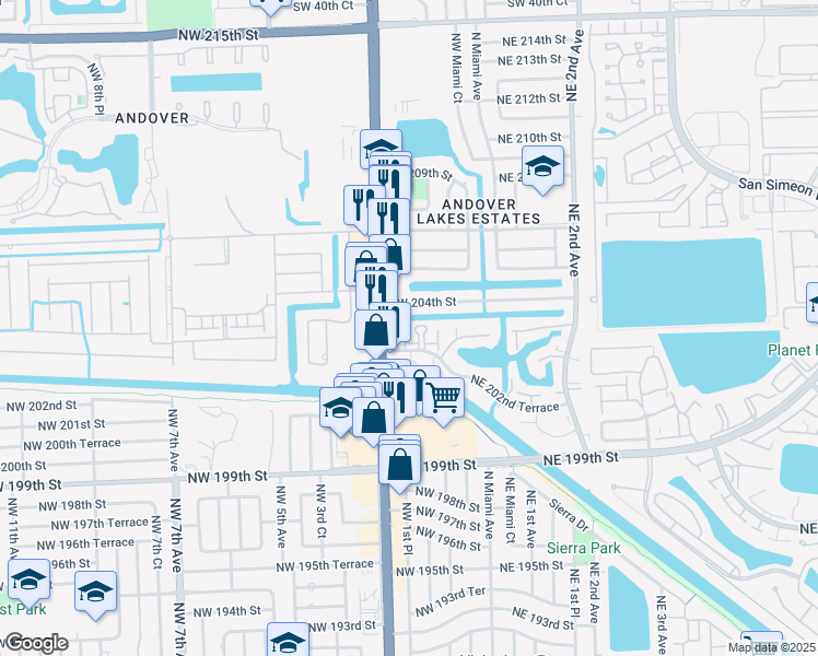 map of restaurants, bars, coffee shops, grocery stores, and more near 119 Northwest 202nd Terrace in Miami Gardens