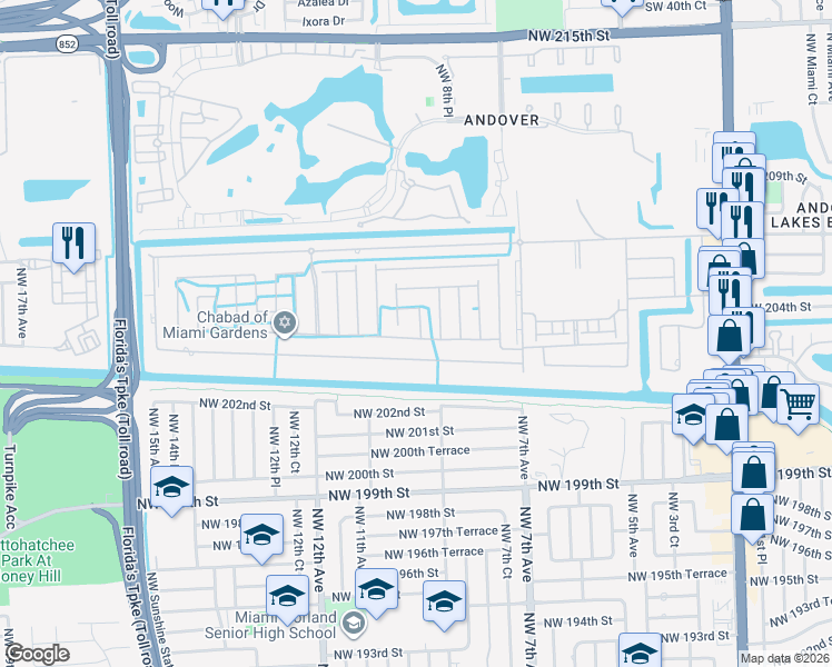 map of restaurants, bars, coffee shops, grocery stores, and more near 953 Northwest 204th Street in Miami Gardens