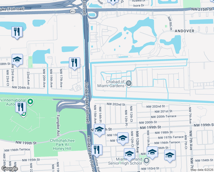 map of restaurants, bars, coffee shops, grocery stores, and more near 1418 Northwest 204th Street in Miami