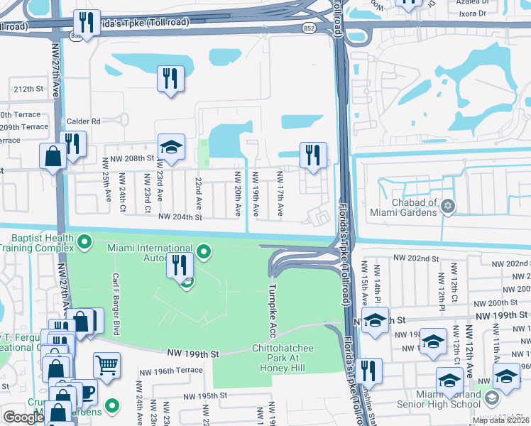 map of restaurants, bars, coffee shops, grocery stores, and more near 20410 Northwest 17th Avenue in Miami Gardens