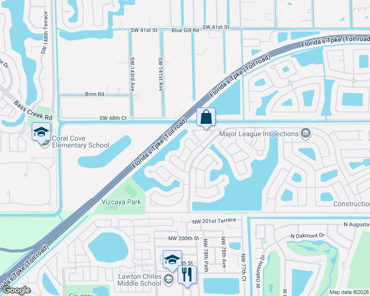 map of restaurants, bars, coffee shops, grocery stores, and more near 5072 Southwest 141st Avenue in Miramar