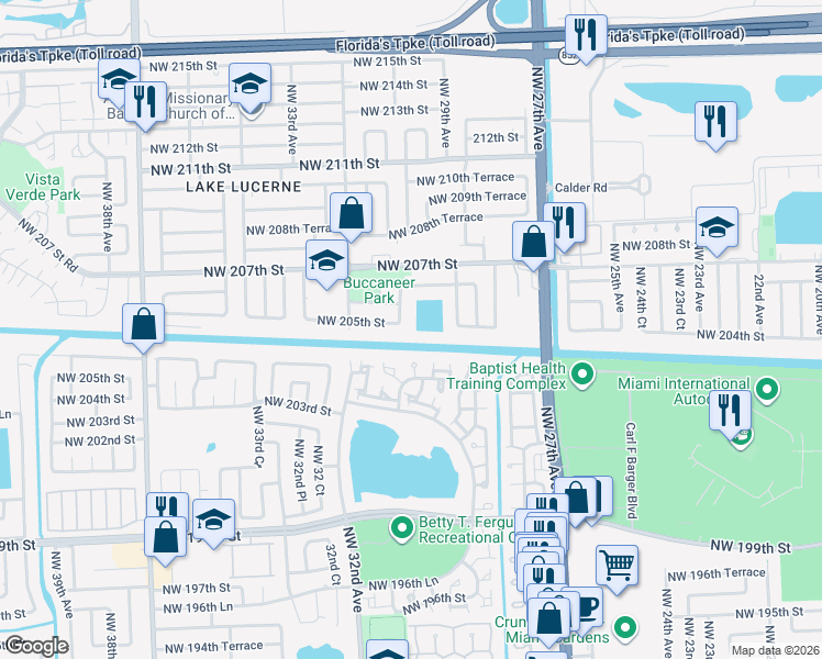 map of restaurants, bars, coffee shops, grocery stores, and more near 20501 Northwest 30th Avenue in Miami Gardens