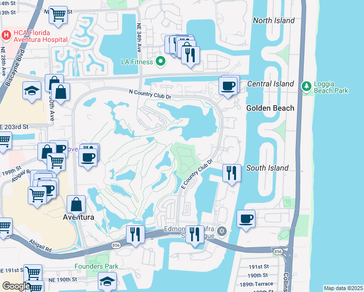 map of restaurants, bars, coffee shops, grocery stores, and more near 3669 Northeast 201st Street in Aventura