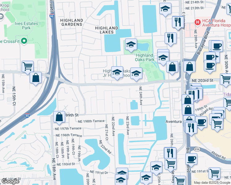 map of restaurants, bars, coffee shops, grocery stores, and more near 2220 Northeast 202nd Street in Miami