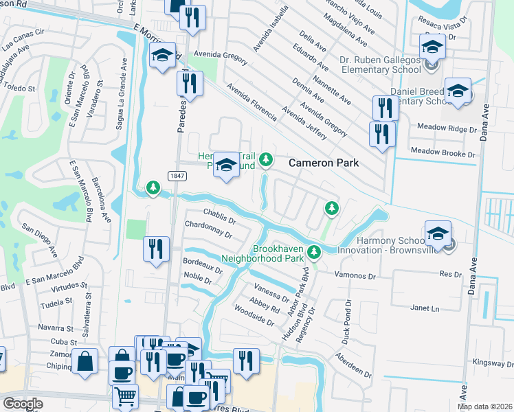 map of restaurants, bars, coffee shops, grocery stores, and more near 3821 Santiago in Brownsville