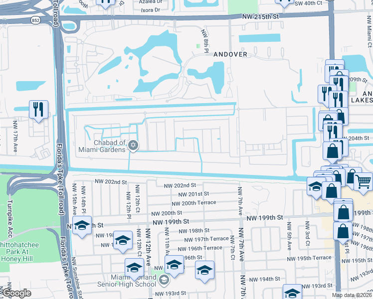 map of restaurants, bars, coffee shops, grocery stores, and more near 953 Northwest 204th Street in Miami Gardens