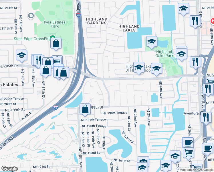 map of restaurants, bars, coffee shops, grocery stores, and more near 20205 Highland Lakes Boulevard in Miami