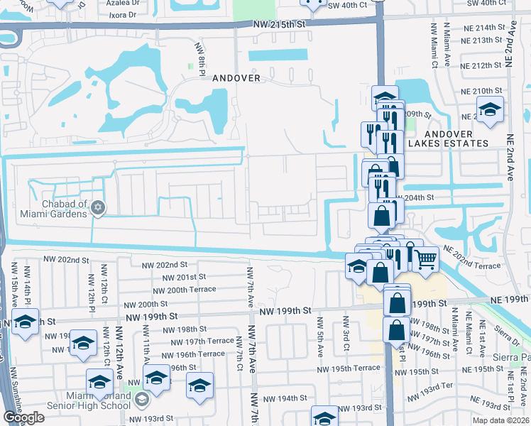 map of restaurants, bars, coffee shops, grocery stores, and more near 550 Northwest 203rd Street in Miami