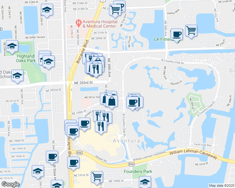 map of restaurants, bars, coffee shops, grocery stores, and more near 20100 West Country Club Drive in Aventura