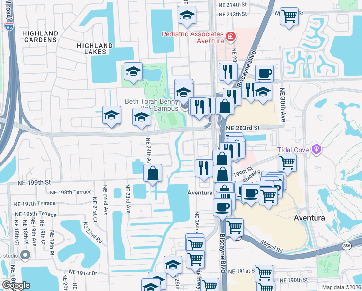 map of restaurants, bars, coffee shops, grocery stores, and more near 20145 Northeast 25th Avenue in Miami