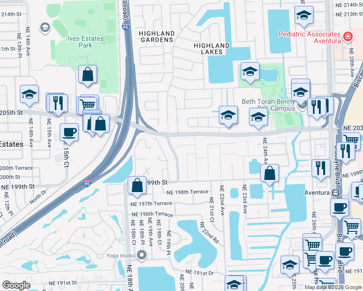 map of restaurants, bars, coffee shops, grocery stores, and more near 20205 Highland Lakes Boulevard in Miami