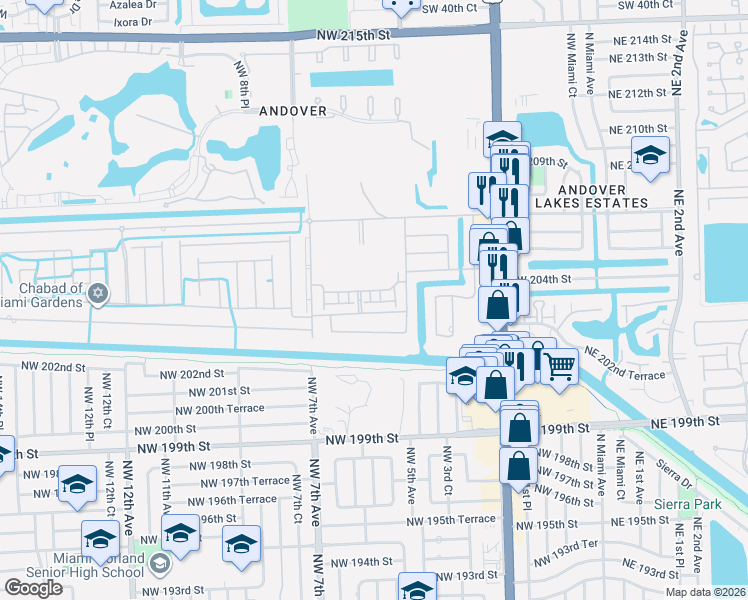 map of restaurants, bars, coffee shops, grocery stores, and more near 440 Northwest 203rd Street in Miami