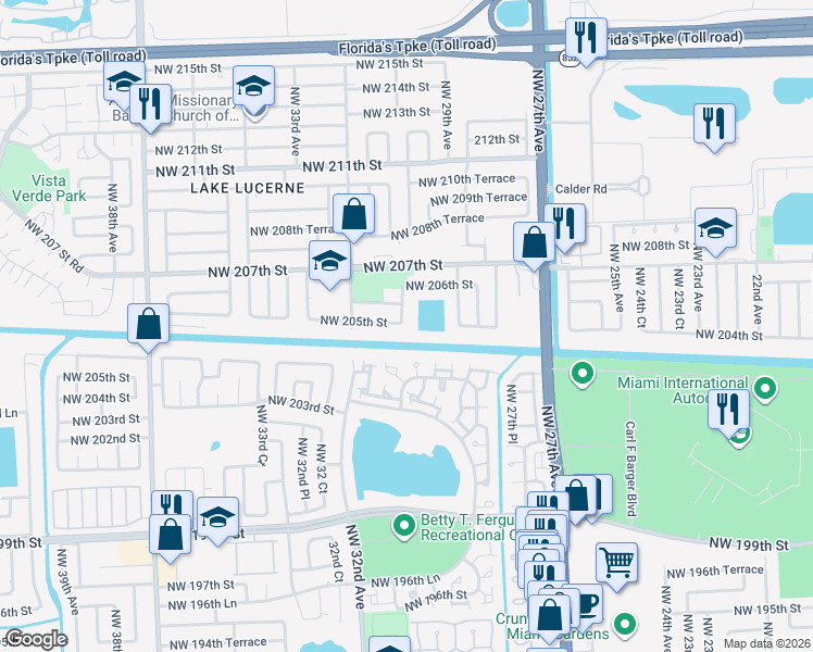 map of restaurants, bars, coffee shops, grocery stores, and more near 20501 Northwest 30th Avenue in Miami Gardens