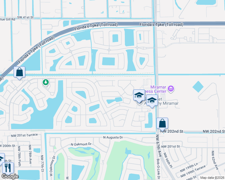 map of restaurants, bars, coffee shops, grocery stores, and more near 12845 Southwest 50th Court in Miramar
