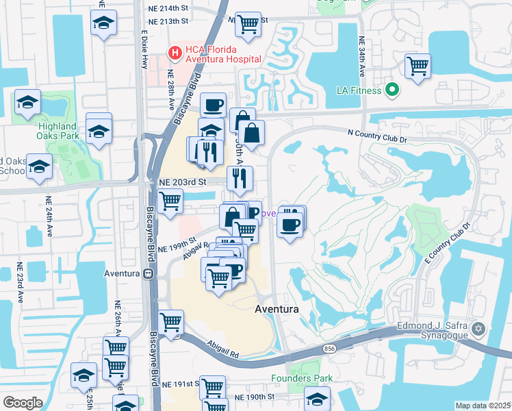 map of restaurants, bars, coffee shops, grocery stores, and more near in Aventura