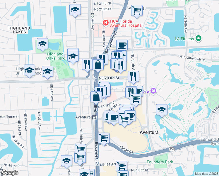 map of restaurants, bars, coffee shops, grocery stores, and more near 2810 Northeast 201st Terrace in Miami