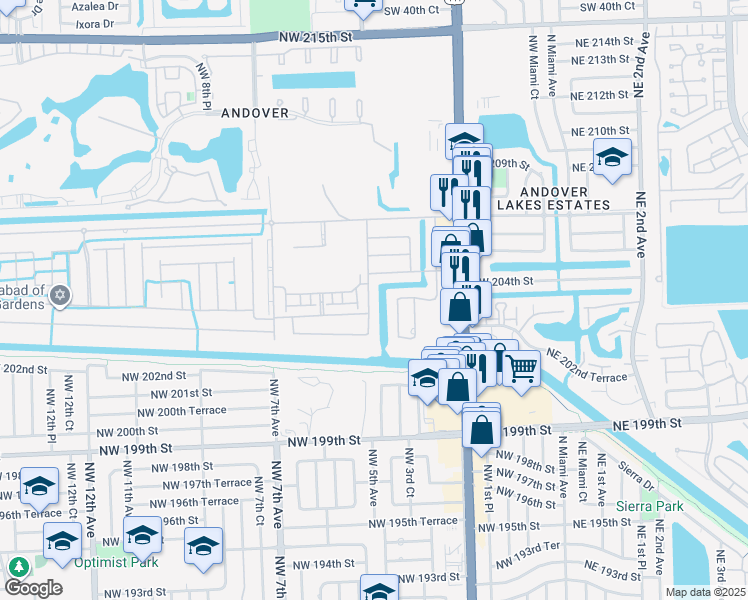 map of restaurants, bars, coffee shops, grocery stores, and more near 20311 Northwest 4th Avenue in Miami