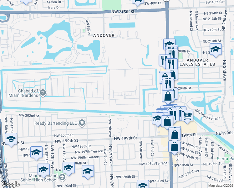 map of restaurants, bars, coffee shops, grocery stores, and more near 550 Northwest 203rd Street in Miami