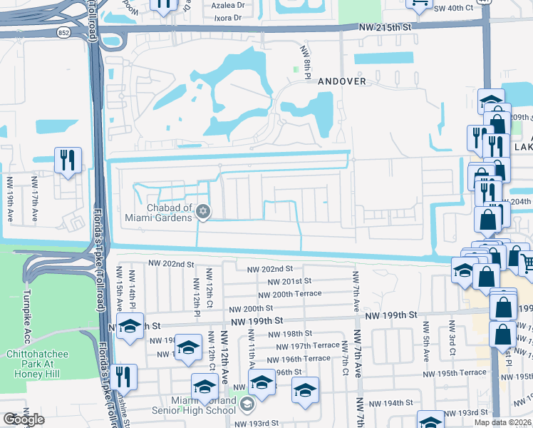 map of restaurants, bars, coffee shops, grocery stores, and more near 1030 Northwest 204th Street in Miami Gardens