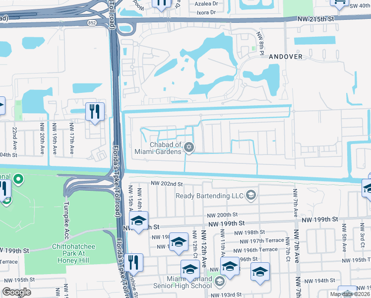 map of restaurants, bars, coffee shops, grocery stores, and more near 1232 Northwest 204th Street in Miami Gardens