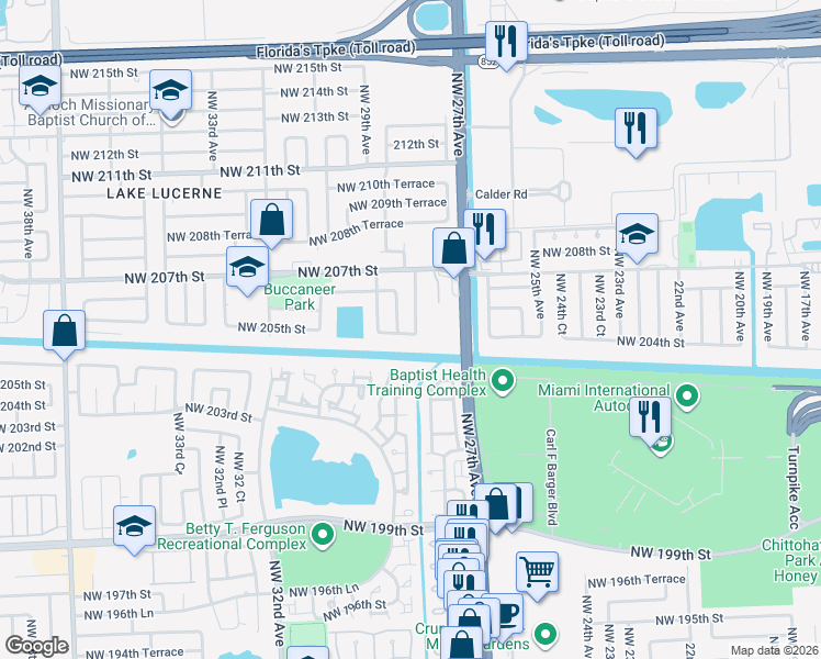 map of restaurants, bars, coffee shops, grocery stores, and more near 2800 Northwest 205th Street in Miami Gardens