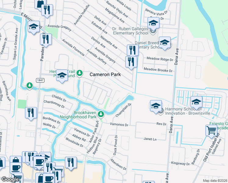 map of restaurants, bars, coffee shops, grocery stores, and more near 3198 Montevideo Drive in Brownsville
