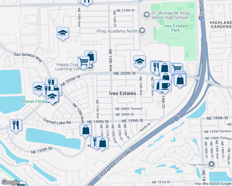 map of restaurants, bars, coffee shops, grocery stores, and more near 20255 Northeast 12th Avenue in Miami