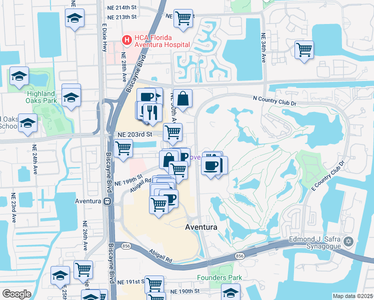map of restaurants, bars, coffee shops, grocery stores, and more near 20100 West Country Club Drive in Aventura