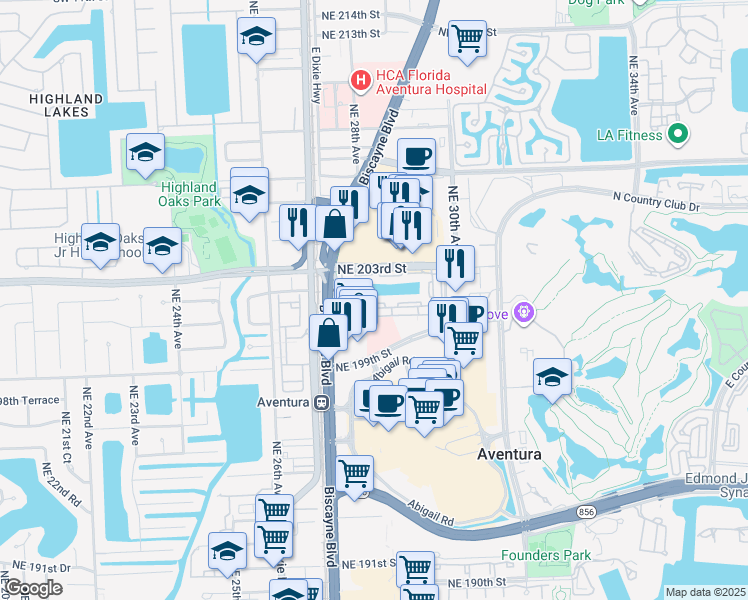 map of restaurants, bars, coffee shops, grocery stores, and more near 2810 Northeast 201st Terrace in Miami