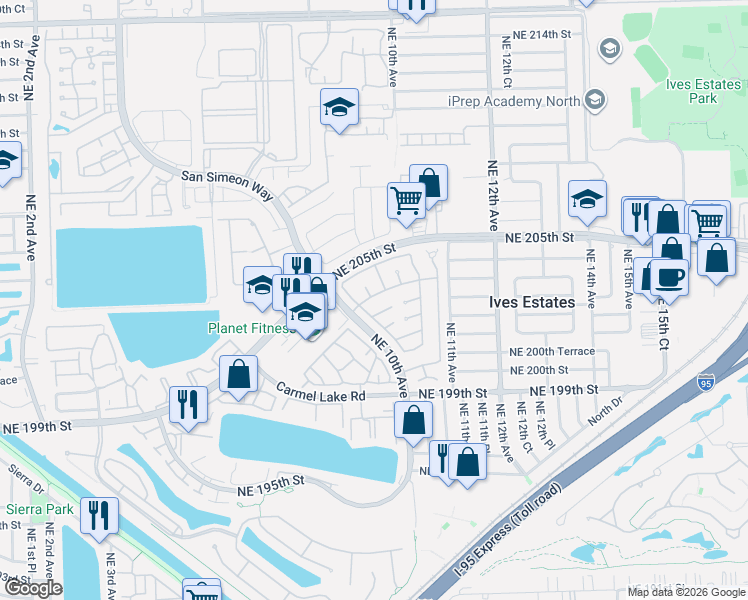 map of restaurants, bars, coffee shops, grocery stores, and more near 20346 Northeast 10th Court Road in Miami