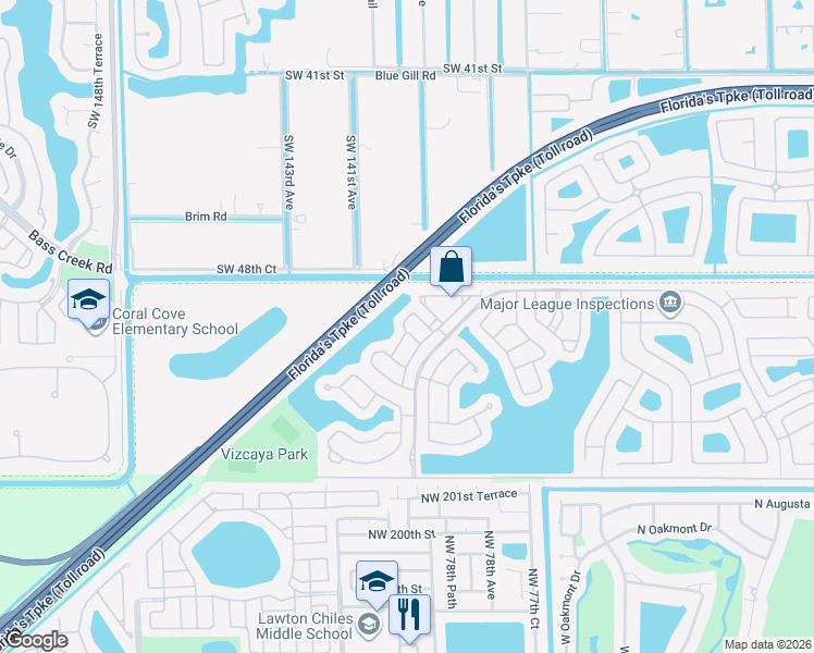 map of restaurants, bars, coffee shops, grocery stores, and more near 5072 Southwest 141st Avenue in Miramar
