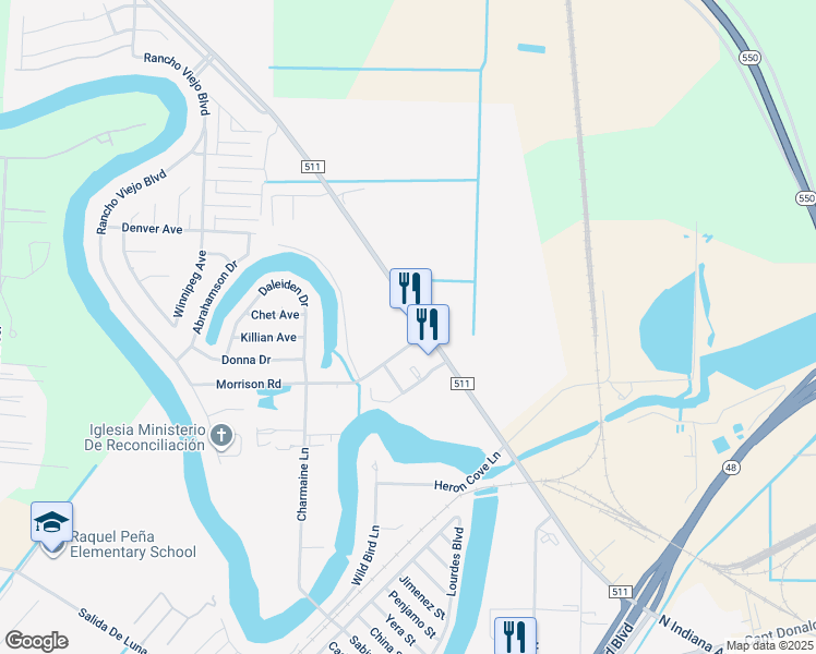 map of restaurants, bars, coffee shops, grocery stores, and more near 4298 Farm to Market Road 511 in Brownsville