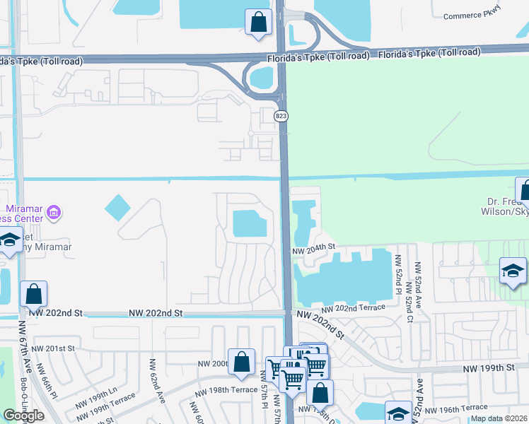 map of restaurants, bars, coffee shops, grocery stores, and more near 11201 Southwest 55th Street in Miramar