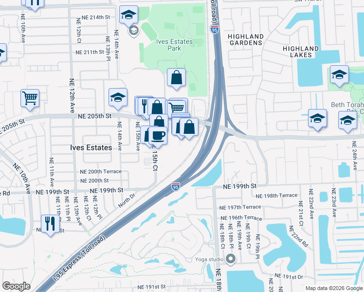 map of restaurants, bars, coffee shops, grocery stores, and more near 20137 Northeast 16th Place in Miami