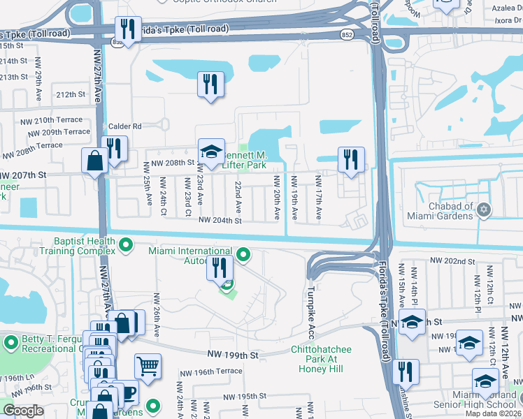 map of restaurants, bars, coffee shops, grocery stores, and more near 20401 Northwest 20th Court in Miami Gardens