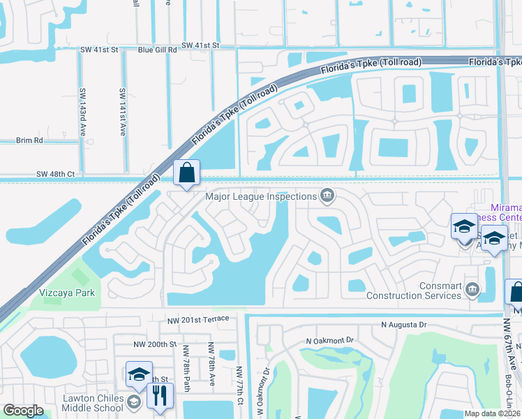 map of restaurants, bars, coffee shops, grocery stores, and more near 5036 Southwest 136th Avenue in Miramar