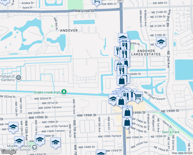map of restaurants, bars, coffee shops, grocery stores, and more near 20311 Northwest 4th Avenue in Miami