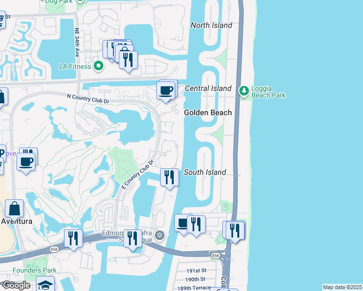 map of restaurants, bars, coffee shops, grocery stores, and more near 20135 Northeast 39th Place in Aventura