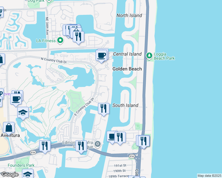 map of restaurants, bars, coffee shops, grocery stores, and more near 20135 Northeast 39th Place in Aventura