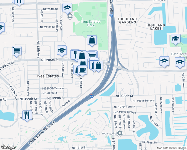 map of restaurants, bars, coffee shops, grocery stores, and more near 20137 Northeast 16th Place in Miami