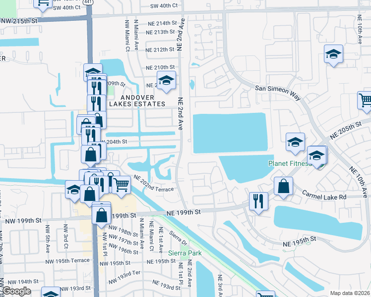 map of restaurants, bars, coffee shops, grocery stores, and more near 20337 Northeast 2nd Avenue in Miami