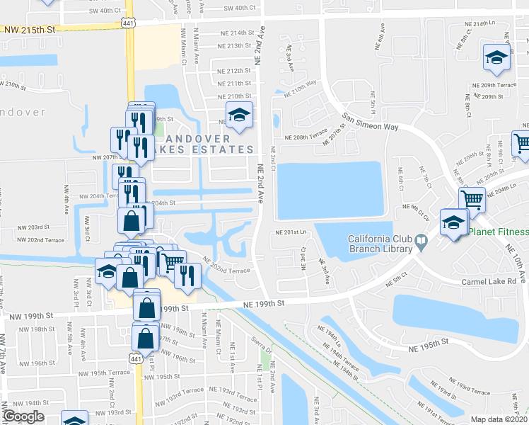 map of restaurants, bars, coffee shops, grocery stores, and more near 20337 Northeast 2nd Avenue in Miami