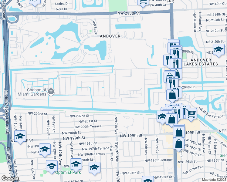 map of restaurants, bars, coffee shops, grocery stores, and more near 20380 Northwest 7th Avenue in Miami