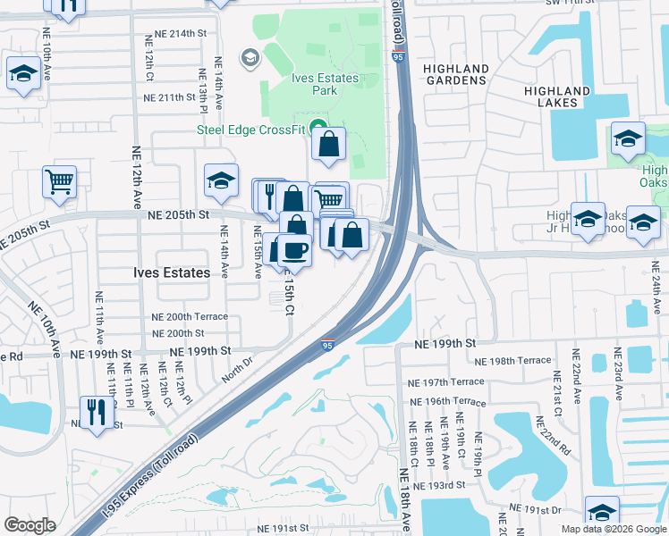 map of restaurants, bars, coffee shops, grocery stores, and more near 20137 Northeast 16th Place in Miami